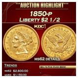 1850-p Gold Liberty Quarter Eagle $2 1/2 ms62 deta