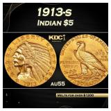 1913-s Gold Indian Half Eagle $5 au55 SEGS