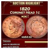 1820 Coronet Head Large Cent 1c ms64 rd SEGS