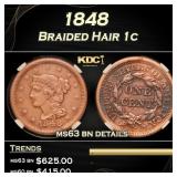 1848 Braided Hair Large Cent 1c ms63 bn details PG
