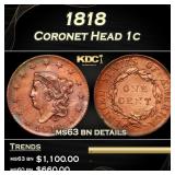 1818 Coronet Head Large Cent 1c ms63 bn details SE