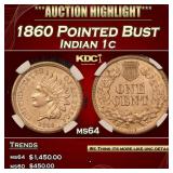 1860 Pointed Bust Indian Cent 1c ms64 PGA