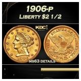 1906-p Gold Liberty Quarter Eagle $2 1/2 ms63 deta