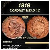 1818 Coronet Head Large Cent 1c ms63 bn details SE