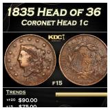 1835 Head of 36 Coronet Head Large Cent 1c Grades