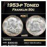 CACG 1953-p Franklin Half Dollar Toned 50c ms65 CA