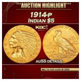 1914-p Gold Indian Half Eagle $5 au55 details SEGS