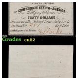 1861 Confederate States of America CSA $40 Note Gr