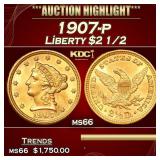 1907-p Gold Liberty Quarter Eagle $2 1/2 ms66 SEGS