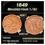 1849 Braided Hair Half Cent 1/2c ms63 rd PGA