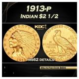 1913-p Gold Indian Quarter Eagle $2 1/2 ms62 detai
