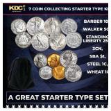 7 Coin Collecting Starter Type Kit. Barber 10c, Wa