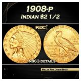 1908-p Gold Indian Quarter Eagle $2 1/2 ms63 detai