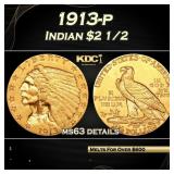 1913-p Gold Indian Quarter Eagle $2 1/2 ms63 detai