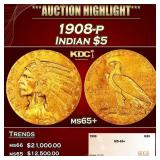 1908-p Gold Indian Half Eagle $5 ms65+ SEGS