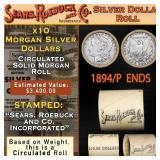 SEARS Circ Morgan Silver Dollar 10 Coin Roll 1894/