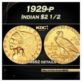 1929-p Gold Indian Quarter Eagle $2 1/2 ms62 detai