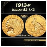 1913-p Gold Indian Quarter Eagle $2 1/2 ms62 detai