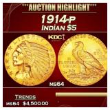 1914-p Gold Indian Half Eagle $5 ms64 USCG