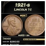 1921-s Lincoln Cent 1c Grades ms62+ bn