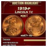 1919-p Lincoln Cent 1c ms67+ rd SEGS