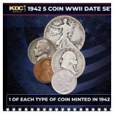 1942 WWII 5 Coin Date Set, 1 Of Each Type Of Coin