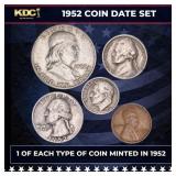1952 5 Coin Date Set, 1 Of Each Type Of Coin Minte