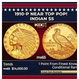 1910-p Gold Indian Half Eagle Near Top Pop! $5 ms6