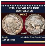 1930-p Buffalo Nickel Near Top Pop 5c ms67 SEGS