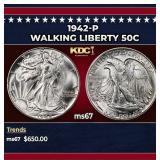 1942-p Walking Liberty Half Dollar 50c ms67 SEGS