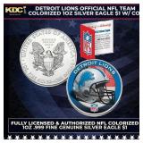 Detroit Lions Official NFL Team Colorized 1oz Silv
