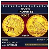 1909-s Gold Indian Half Eagle $5 ms64+ USCG