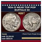 1934-d Buffalo Nickel Near Top Pop 5c ms66 SEGS