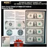 Scarce Uncut Sheet of 4x 1988A $1 Federal Reserve