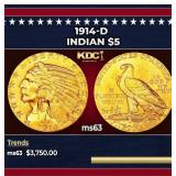 1914-d Gold Indian Half Eagle $5 ms63 USCG