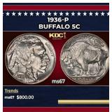 1936-p Buffalo Nickel 5c ms67 SEGS