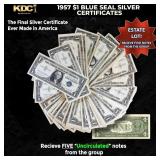 5x 1957 $1 Blue Seal Silver Certificates Grades CU