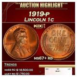 1919-p Lincoln Cent 1c ms67+ rd SEGS
