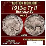1913-d Ty II Buffalo Nickel 5c ms66 SEGS