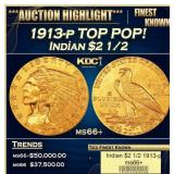 1913-p Gold Indian Quarter Eagle TOP POP! $2 1/2 m