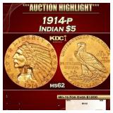 1914-p Gold Indian Half Eagle $5 ms62 SEGS