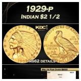 1929-p Gold Indian Quarter Eagle $2 1/2 ms62 detai