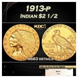 1913-p Gold Indian Quarter Eagle $2 1/2 ms63 detai
