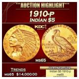 1910-p Gold Indian Half Eagle $5 ms64+ USCG