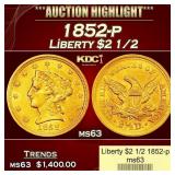 1852-p Gold Liberty Quarter Eagle $2 1/2 ms63 USCG