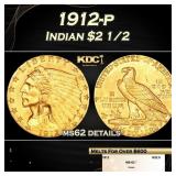 1912-p Gold Indian Quarter Eagle $2 1/2 ms62 detai