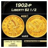 1902-p Gold Liberty Quarter Eagle $2 1/2 ms63 USCG