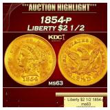 1854-p Gold Liberty Quarter Eagle $2 1/2 ms63 USCG