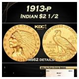 1913-p Gold Indian Quarter Eagle $2 1/2 ms62 detai