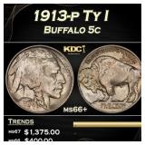 1913-p Ty I Buffalo Nickel 5c Grades ms66+